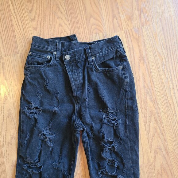 NEW AGOLDE CRISS CROSS STRAIGHT JEANS DESTROYED FEVERISH BLACK RIGID DENIM sz 25 - Picture 3 of 9